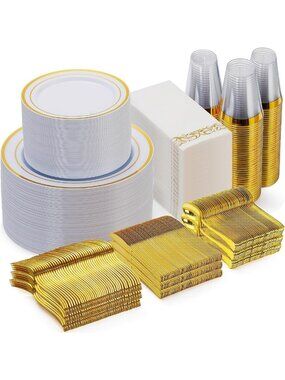 Elegant 700-Piece Gold Disposable Dinnerware Set for 100 Guests - Perfect for